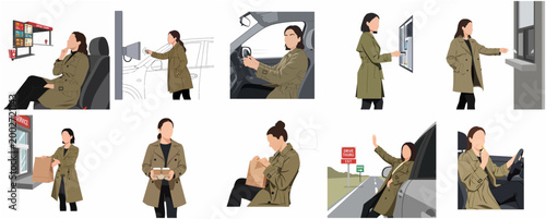 Flat Illustration Set of a Woman Using a Drive-Thru Service to Order and Collect Fast Food and Coffee
