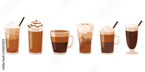 various coffee drinks in glasses vector illustration