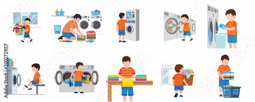 Little Boy Doing Laundry Illustration Set: Character Activities at the Laundromat including Washing, Folding, and Carrying Clothes