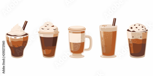 various coffee drinks in glasses colorful vector illustration