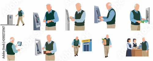Senior Man Using ATM for Cash Withdrawal and Shopping for Groceries Illustration Set
