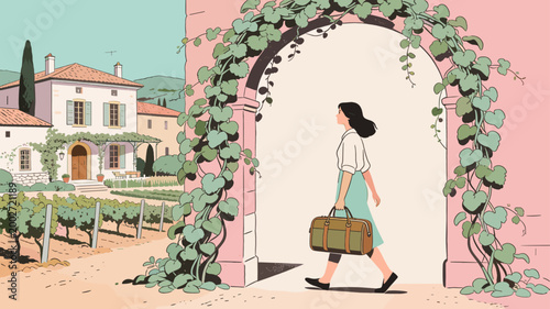 This charming illustration depicts a peaceful villa surrounded by lush vineyards, evoking a sense of tranquility and rustic beauty. Ideal for travel b