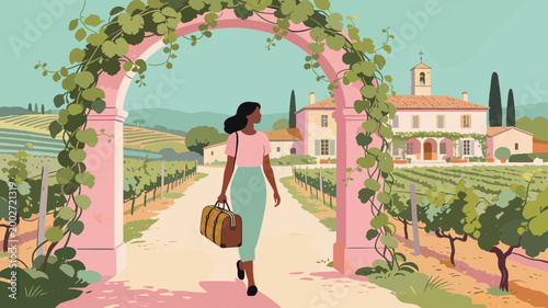 A serene landscape showcasing a vineyard pathway, evoking feelings of tranquility and offering a beautiful backdrop for travel or lifestyle content. I