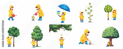 Financial Literacy and Investment Growth Concept Illustration Set with Girl Caring for Money Trees