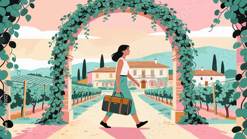 A serene illustration of a vineyard seen through a stone archway, offering a calming and idyllic aesthetic. Perfect for travel blogs, wine-related con