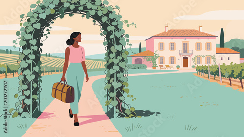 A serene illustration depicting a woman strolling through a lush vineyard, evoking feelings of peacefulness and adventure. Perfect for travel blogs, v
