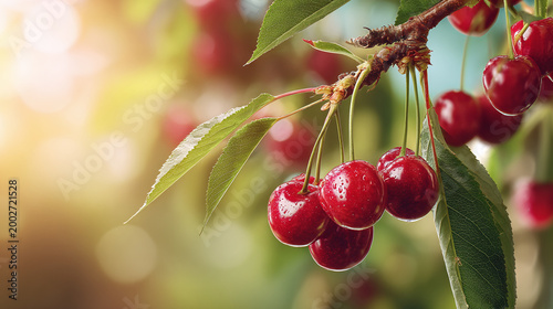 Cherry hanging on tree branch in garden, Cherry on tree in natural warm sunlight background