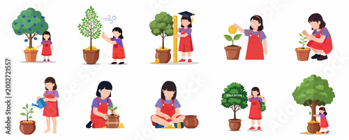 Set of illustrations depicting a young girl saving money, investing in an education fund, and nurturing a money tree for financial growth and future success.