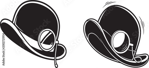 A black bowler hat with a magnifying glass on the brim isolated on white background