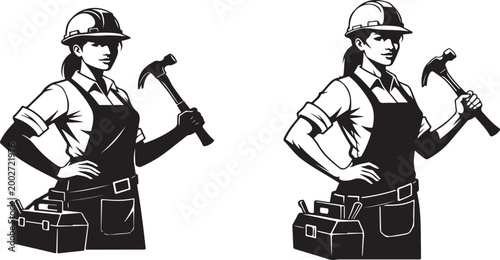 A female construction worker wearing a hard hat and holding a hammer with a toolbox by her side standing confidently isolated on white background