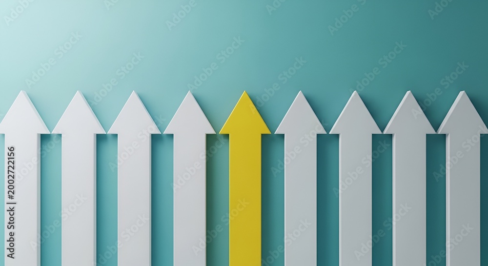 Obraz premium Yellow Arrow Stands Out Among White Arrows Symbolizing Individuality and Leadership.