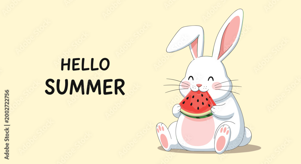 Fototapeta premium Cheerful white rabbit sitting and eating a slice of watermelon next to the text Hello Summer on pale yellow.