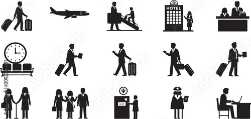 Collection of black silhouette icons depicting various travel and business concepts including people with luggage, airplanes, hotels, and time management on a white background