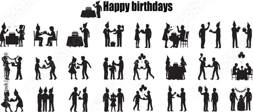 Collection of black silhouette illustrations depicting people celebrating birthdays with cakes and gifts on white background