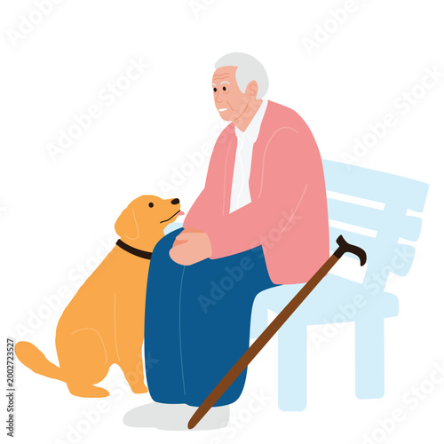 Senior Man Sitting on Park Bench with Loyal Dog and Walking Cane