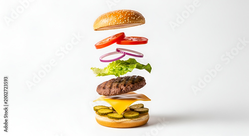 Deconstructed Burger Ingredients Floating in Mid-Air Against White Background.