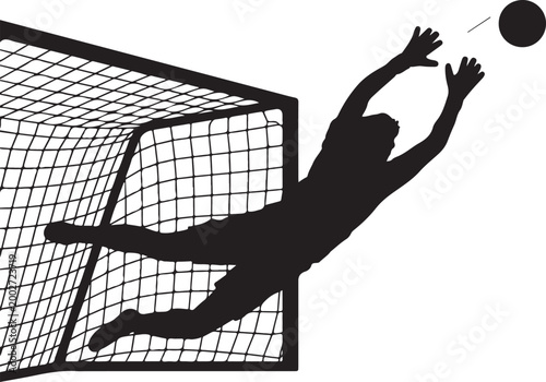 Goalkeeper saving goal soccer ball diving net black silhouette vector illustration action shot