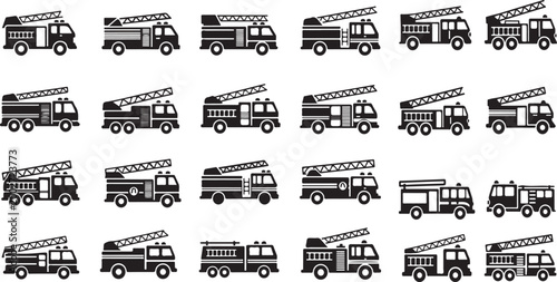 Collection of various fire trucks and emergency vehicles in black silhouette on white background