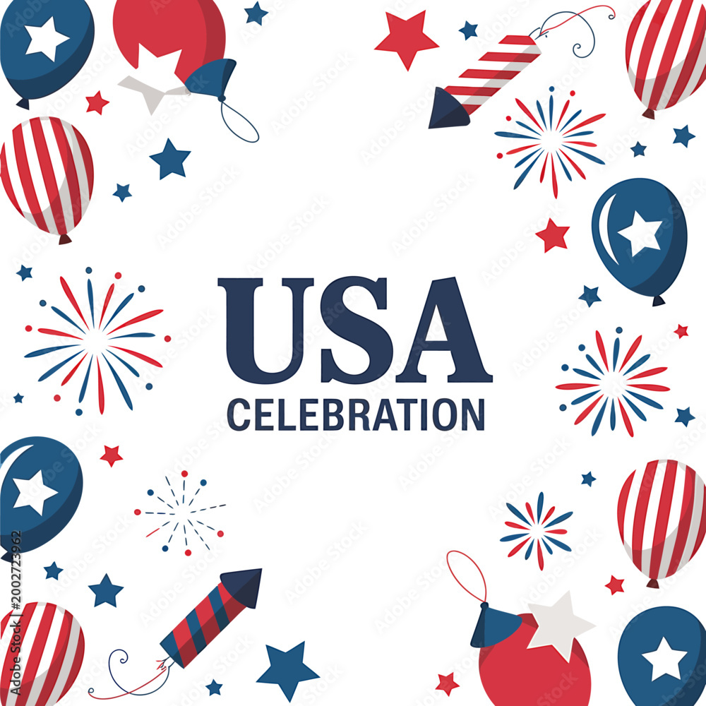 Obraz premium USA celebration with balloons stars and fireworks on white background