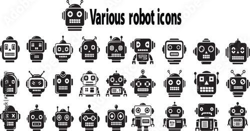  Collection of various robot icons in black and white on a plain white background