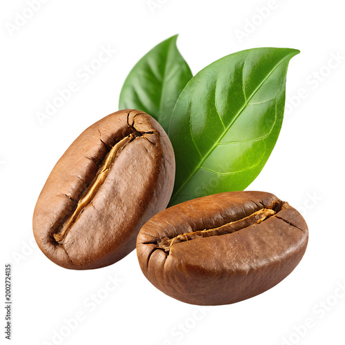 Roasted Coffee Beans with Fresh Green Leaves Close-up on transparent background