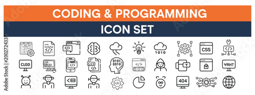 Coding icons show programming symbols and computer elements collection.