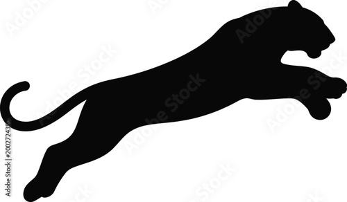 A dynamic black silhouette of a panther in a mid-air leaping pose, captured as a flat on a white background, showcasing the powerful feline body, curved tail, and extended limbs