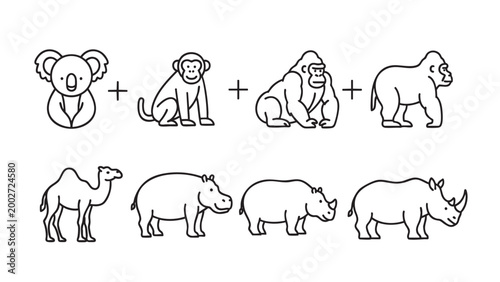 Bilde på lerret Eight simple line art drawings depict diverse animal species