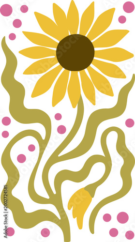 Sunflower blooms bright with golden rays. Stylized petals frame a warm, dark center. Green vines twist upward with playful curves. Pink dots scatter like whimsical sprinkles