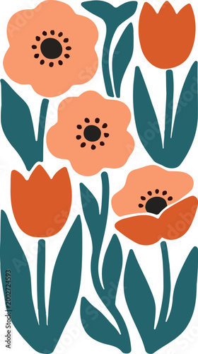 Pastel blossoms bloom with soft grace. Oranges and teals form a gentle, stylized design. Flowers sway in stylized elegance against clean white. Perfect for nursery decor or wellness branding