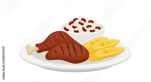 Delicious and hearty traditional meal featuring perfectly grilled chicken drumsticks, savory rice with red beans, and sweet fried plantain slices served on a pristine white plate