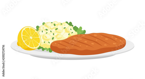 Grilled chicken fillet with potato salad and lemon slice on a white plate, healthy meal