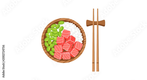 Vibrant and fresh, a delicious healthy poke bowl with diced tuna, edamame, and rice, served alongside elegant wooden chopsticks, perfect for a nutritious meal