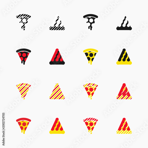 simple flat pizza slice icons set, colorful fast food icon set, stylized yummy pizza pieces