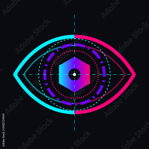 Futuristic neon artificial intelligence digital eye with biometric scan hud interface and neural network technology