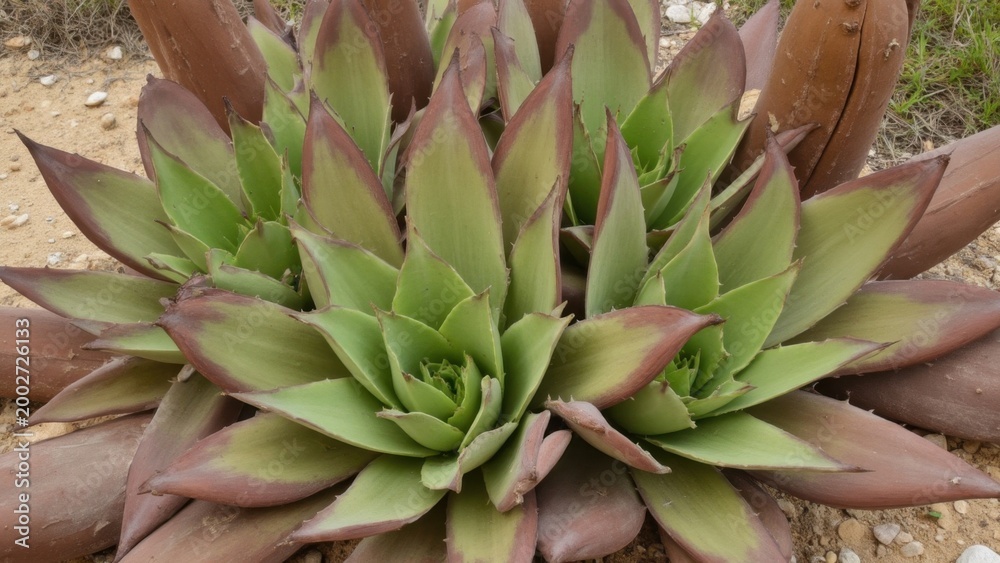 Fototapeta premium Group of red and green agave plants on sandy soil with rocks.