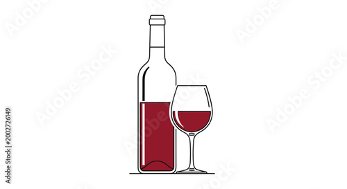 Outline illustration of a red wine bottle and a glass filled with wine against a plain white background, minimalist drink art.