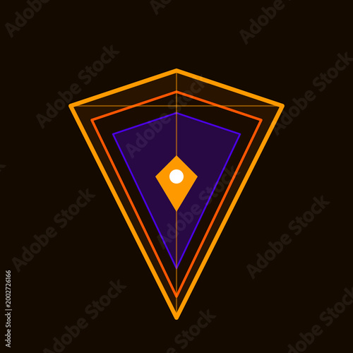 Modern geometric cybernetic shield emblem featuring orange and purple outlines on dark professional black background.