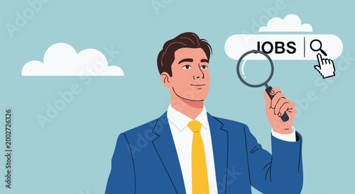 Confident Man in a Suit Holding a Magnifying Glass Over a Search Bar Labeled JOBS, Representing Career Search and Job Opportunities - Vector Illustration