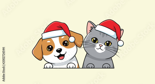 Adorable puppy and kitten peeking over a ledge while wearing festive red and white Santa hats for the holidays.