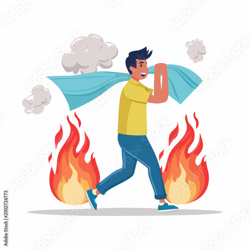 Man Carrying Blanket Through Fire