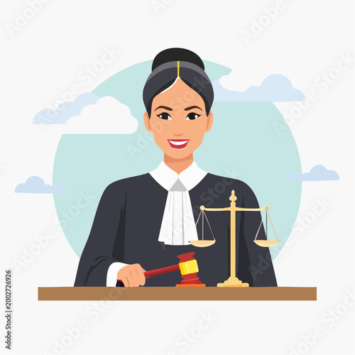 Female Judge Holding Gavel with Scales of Justice