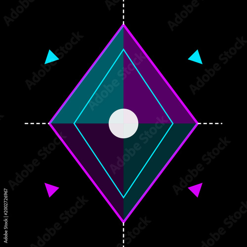 Abstract geometric rhombus crystal icon with neon purple and cyan outlines on a solid black background