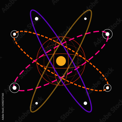 Abstract illustration of interstellar orbital communication relays featuring colorful satellite paths on a black background