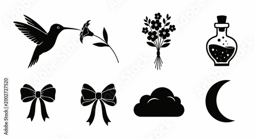 Black silhouette icons set, 7 mystic symbols, crescent moon, cloud, bow, perfume bottle, hummingbird, flowers, vector graphics