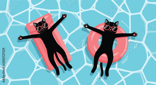 Two cool black cats wearing pink sunglasses while relaxing on inflatable rafts in a bright blue swimming pool.