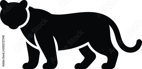 Minimalist black silhouette of a side profile of a walking panther or tiger on a white background, featuring smooth curves and a simple shape for a versatile animal or