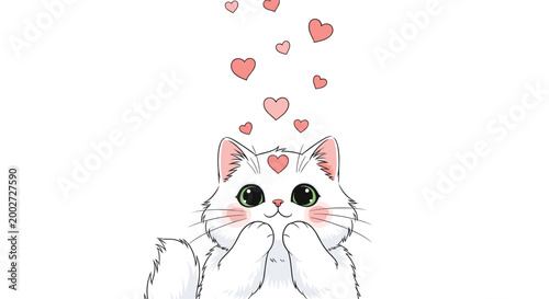 Sweet white cat looking upwards with adoration as multiple red hearts float down from above on white background.