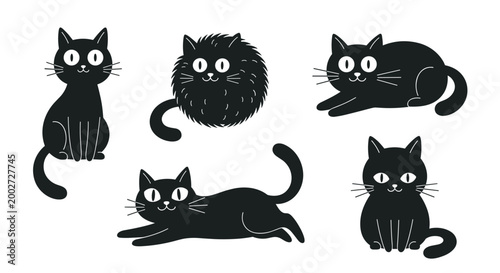 Collection of various black cat silhouettes in different poses and expressions featuring a fluffy round kitty and several playful felines on white.