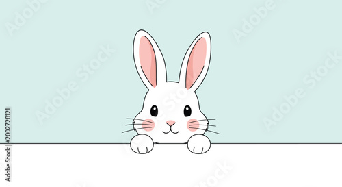 Adorable white rabbit with pink ears and cheeks peeking over a horizontal white border against a soft light blue background illustration.